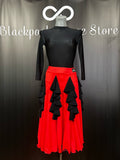 Flavia Dance Skirt in red Chrisanne lycra with black waterfall flounces — front view