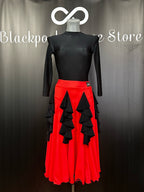 Flavia Dance Skirt in red Chrisanne lycra with black waterfall flounces — front view