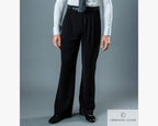 Lower body view of a dancer showcasing the elegant fit, wide leg silhouette, and classic drape of the black Chrisanne Clover stretch gabardine ballroom trousers.