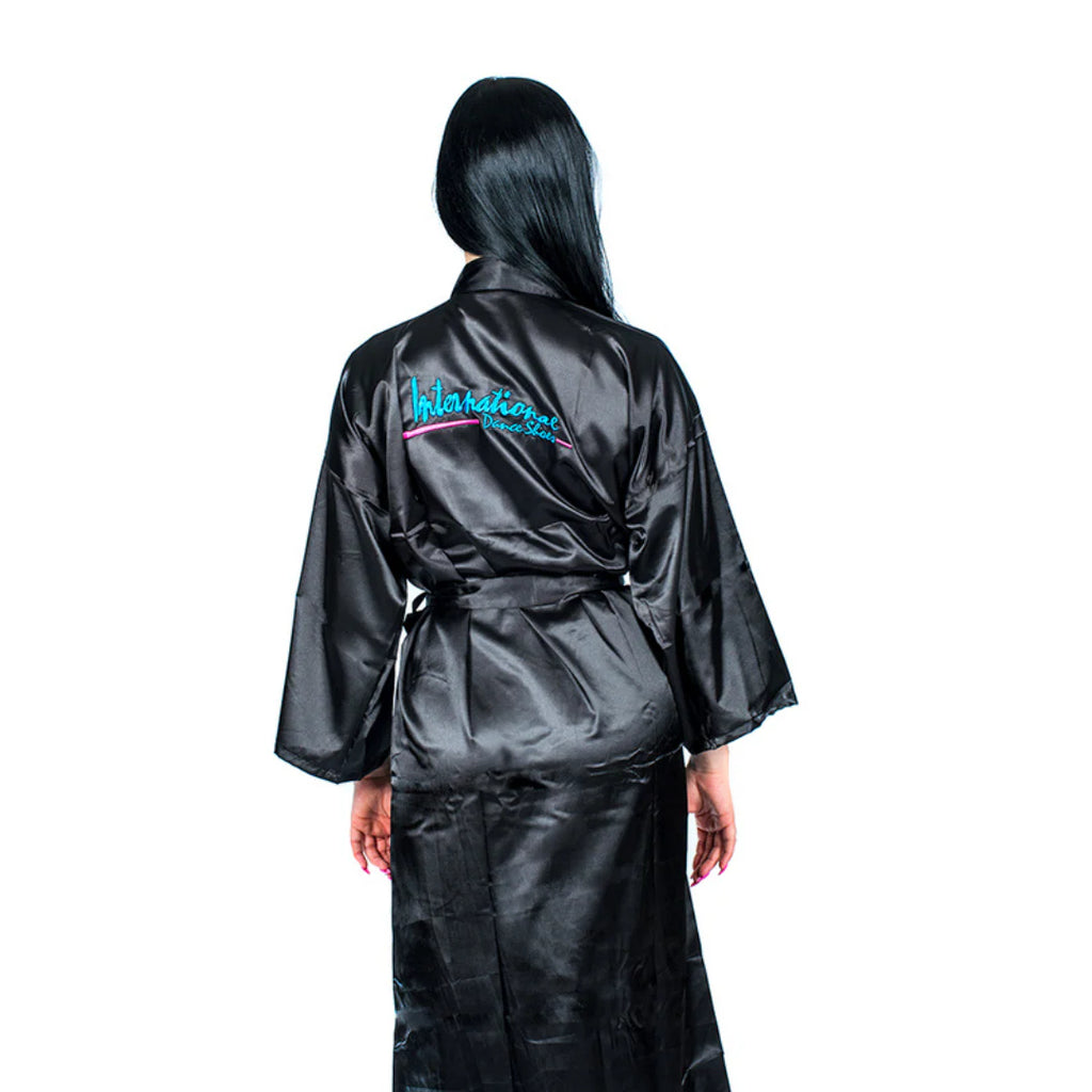 International Dance Shoes Adult Kimono in black, worn by Blackpool Under 21 Latin Champion Rebecca Scott.