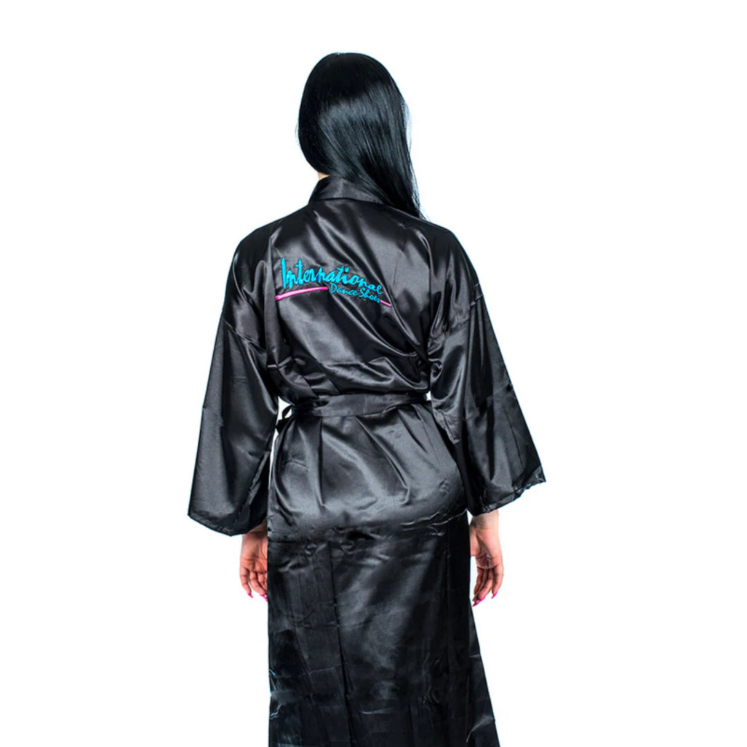 International Dance Shoes Adult Kimono in black, worn by Blackpool Under 21 Latin Champion Rebecca Scott.