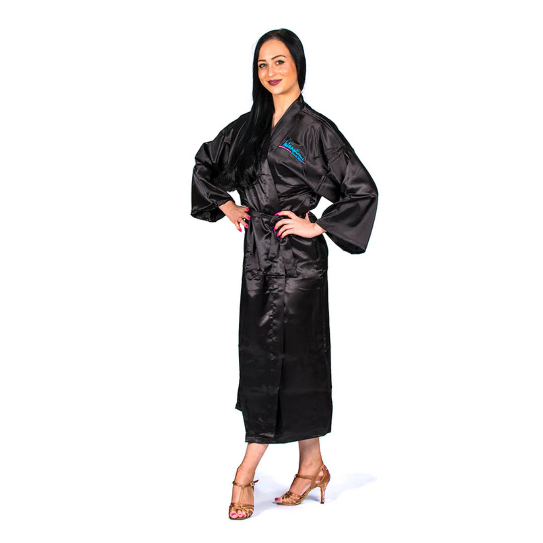 Length view of the International Dance Shoes Adult black kimono showing the flowing hem and professional ballroom shoes.