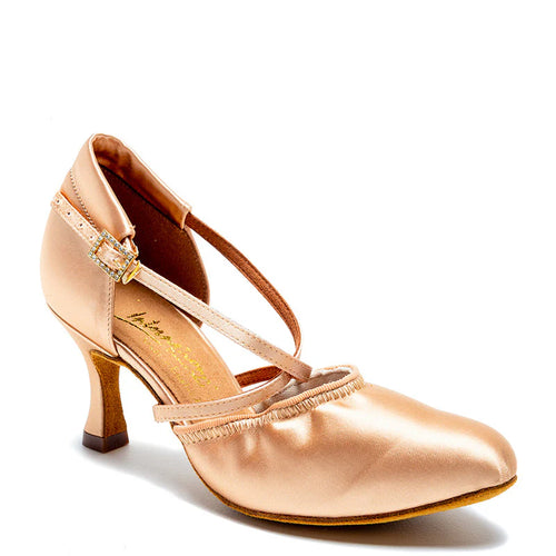 Satin peach-colored American Flex ballroom shoe by International Dance Shoes showcasing the elegant strap design and specialized flared heel on a clean white background.