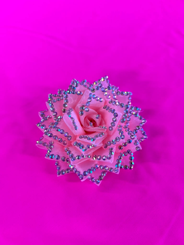 Hand-stoned Sugar Pink rose hair flower with Crystal AB rhinestones
