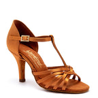 Bela tan satin ladies Latin T-Bar dance shoe on 3" Elite heel — International Dance Shoes at Blackpool Dance Store