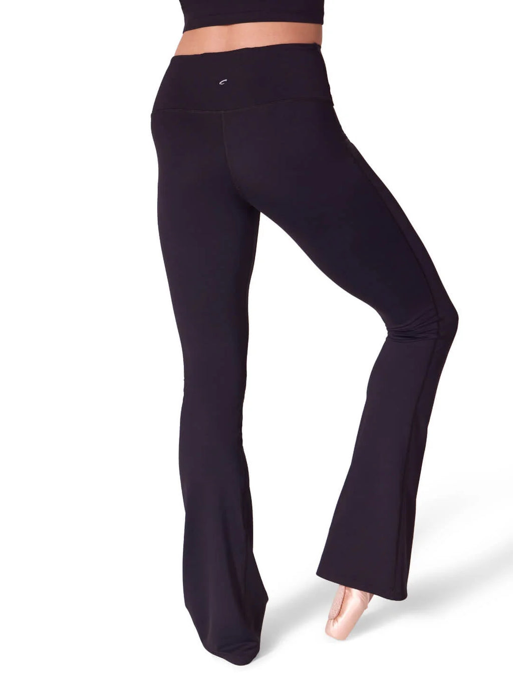 Rear view of the black high-waisted Capezio® Soft Elegance leggings, showing the seamless seat design and placement position for the reflective HD logo.