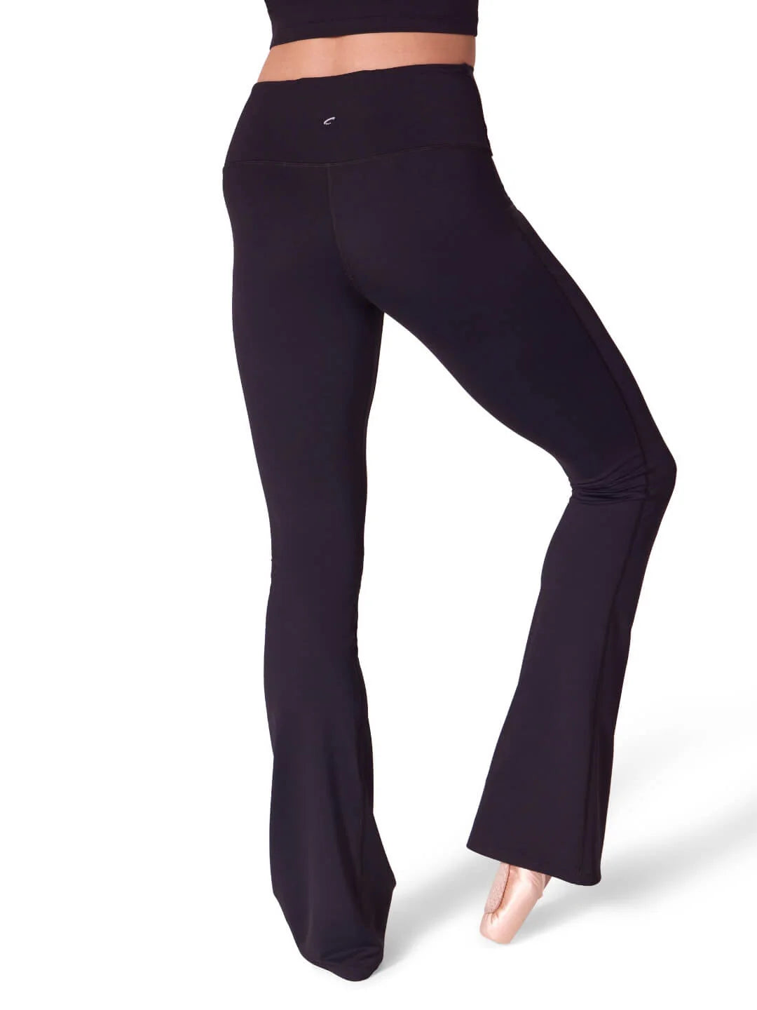 Rear view of the black high-waisted Capezio® Soft Elegance leggings, showing the seamless seat design and placement position for the reflective HD logo.