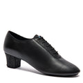 Side view of the F33 men's black calf leather Latin dance shoe by International Dance Shoes showing the exquisite embossed Black Fiori floral print on the heel and lace panels.
