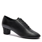 Side view of the F33 men's black calf leather Latin dance shoe by International Dance Shoes showing the exquisite embossed Black Fiori floral print on the heel and lace panels.