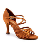 Flavia tan satin ladies Latin dance shoe on 3" IDS heel — International Dance Shoes