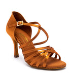 Flavia tan satin ladies Latin dance shoe on 3" Vogue heel — alternate angle, International Dance Shoes