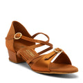 Natasha Ballroom and Latin Dance Shoes in premium Tan Satin with rhinestone buckle by Blackpool Dance Store
