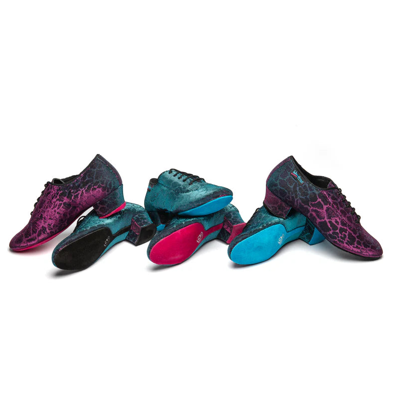Collection lineup of International Dance Shoes Heather split-sole practice shoes displaying various colorways and suede sole textures.