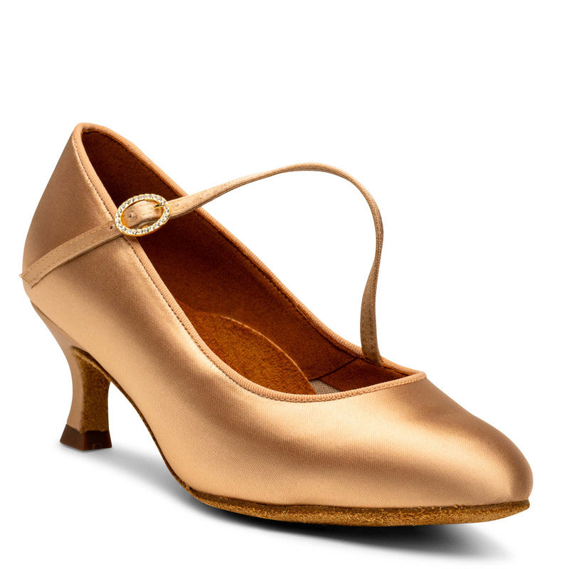 ICS Roundtoe Single Strap peach satin ladies ballroom shoe on 2" IDS heel — International Dance Shoes at Blackpool Dance Store