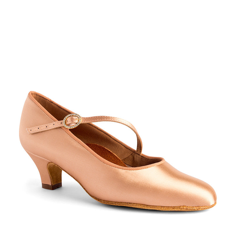 ICS Roundtoe Single Strap peach satin with lower Junior heel option — International Dance Shoes