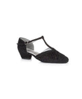 Freed of London Emerald wide-fitting ladies social dance shoe in black suedette with contrasting multi-glitter ruched vamp, T-bar strap, and stable low block heel.