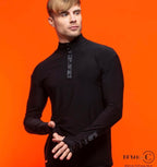 Bryan for Chrisanne Clover Harrison men's Latin top in black with buttoned high neck