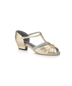 Freed of London Garnet wide EE fit ladies open-toe social dance sandal with elegant suede ruche vamp overlay, diamante centerpiece, and a low stable block heel.