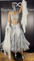 Front view of a luxury white and silver feathered ballroom competition dress by Nordin Exclusive Designs.