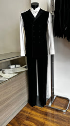 Pure Class double breasted sleeveless stretch dance jacket in black with white bow tie and shirt on showroom mannequin at Blackpool Dance Store