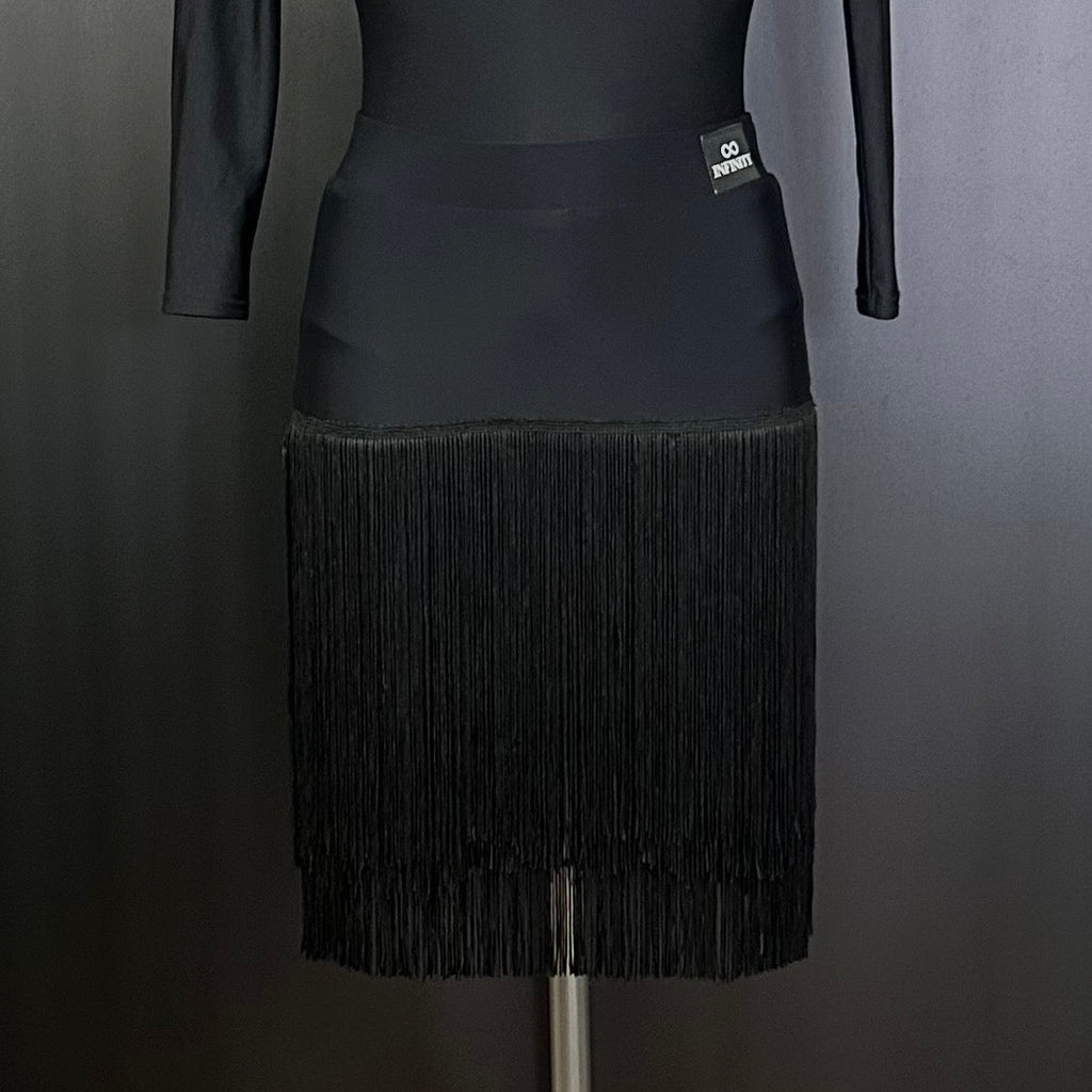 Electra ladies Latin fringe skirt in black — fringe detail, Blackpool Dance Store