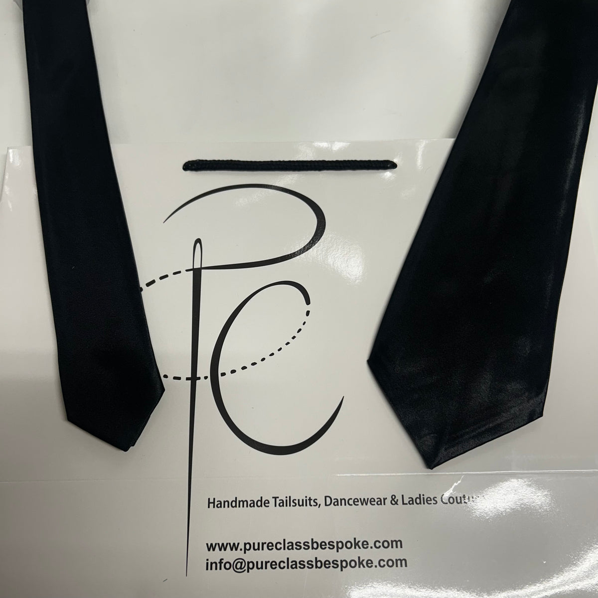 Pure Class Tie widths side by side: Thin (left, 5cm) and Wide (right, 9cm)