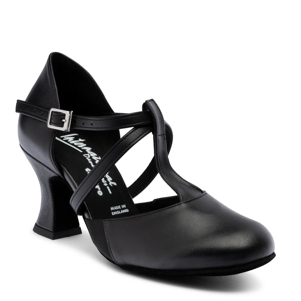 Side view of the Mayfair black calf leather character shoe by International Dance Shoes featuring its supportive T-Cross ankle strap and stable curved Teatro heel.