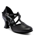 Side view of the Mayfair black calf leather character shoe by International Dance Shoes featuring its supportive T-Cross ankle strap and stable curved Teatro heel.