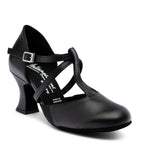 Side view of the Mayfair black calf leather character shoe by International Dance Shoes featuring its supportive T-Cross ankle strap and stable curved Teatro heel.
