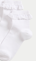 White socks with lace trim on a white background