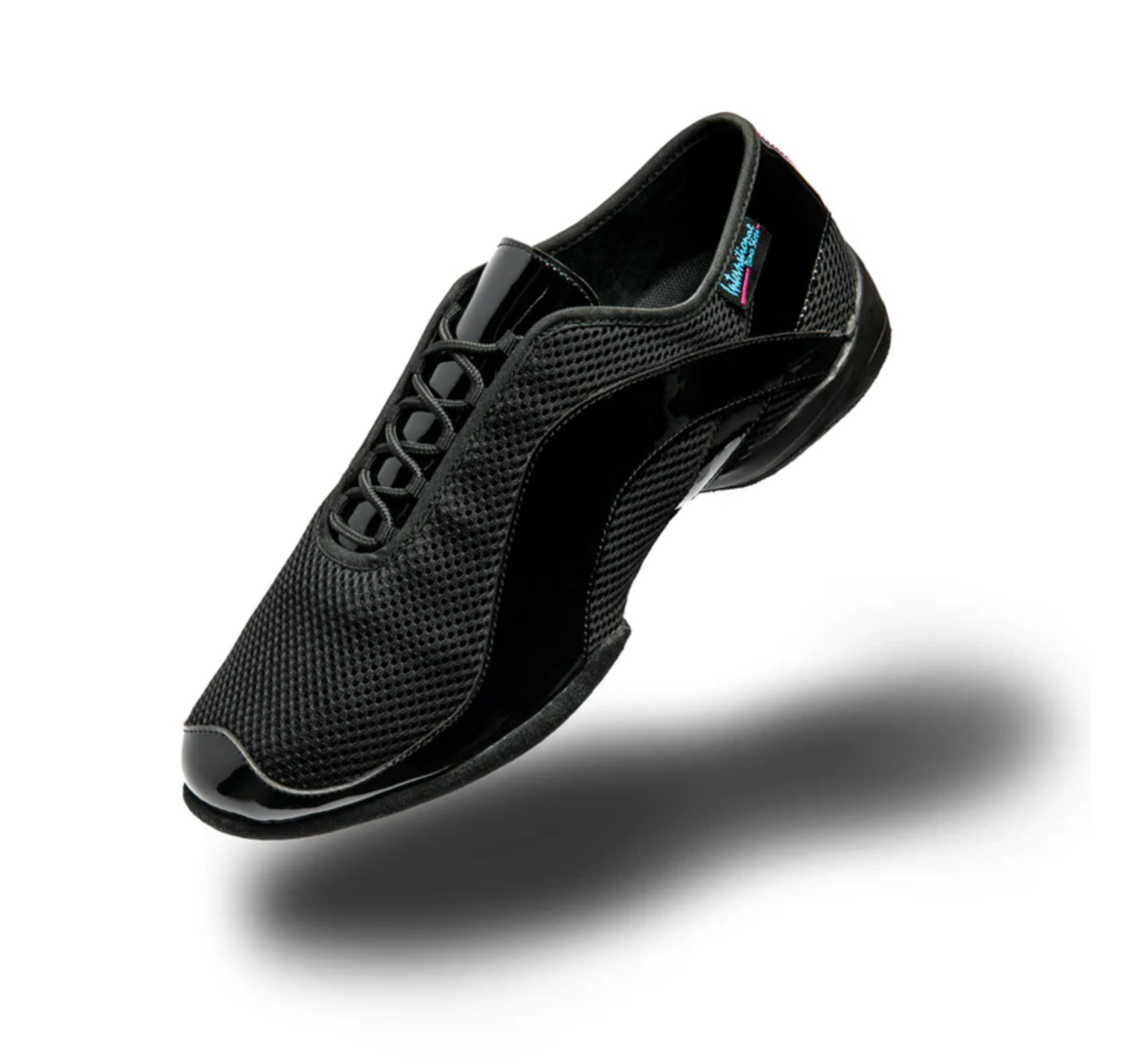 International Dance Shoes Tempo in Black Patent and breathable AirMesh, professional unisex practice shoe.