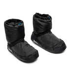Pair of Black insulated Kids Warm Up Bootie by International Dance Shoes showing the cushioned upper, ankle strap, and signature brand logo tab.