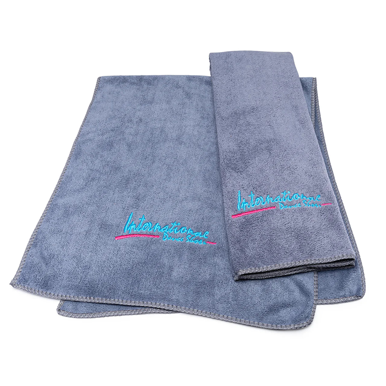 Gray International Dance Shoes microfiber performance towel featuring the iconic pink and blue embroidered IDS logo.