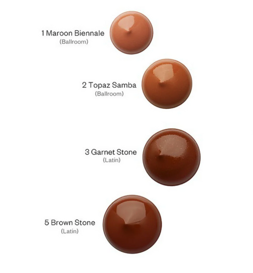 Aery Jo Tanning Makeup liquid shade selection chart including Number 2 Topaz, Number 3 Garnet, and Number 5 Diamond Tan for professional ballroom competition skin prep.