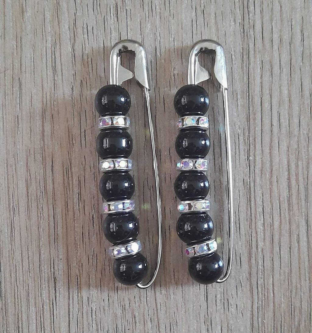 Crystal beaded competition number pins (pair) — black gloss beads with AB crystal rondelles