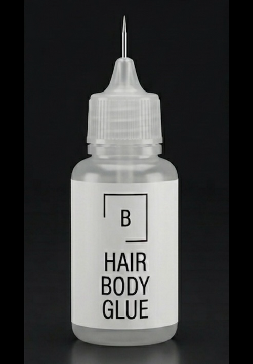 Blackpool Bling Hair and Body Cosmetic Adhesive 10ml needle applicator bottle next to its premium matte black protective product box.