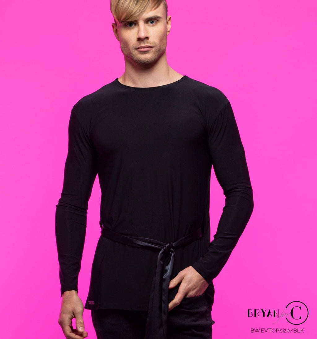 Bryan for Chrisanne Clover Everett men's Latin top in black with satin waist sash
