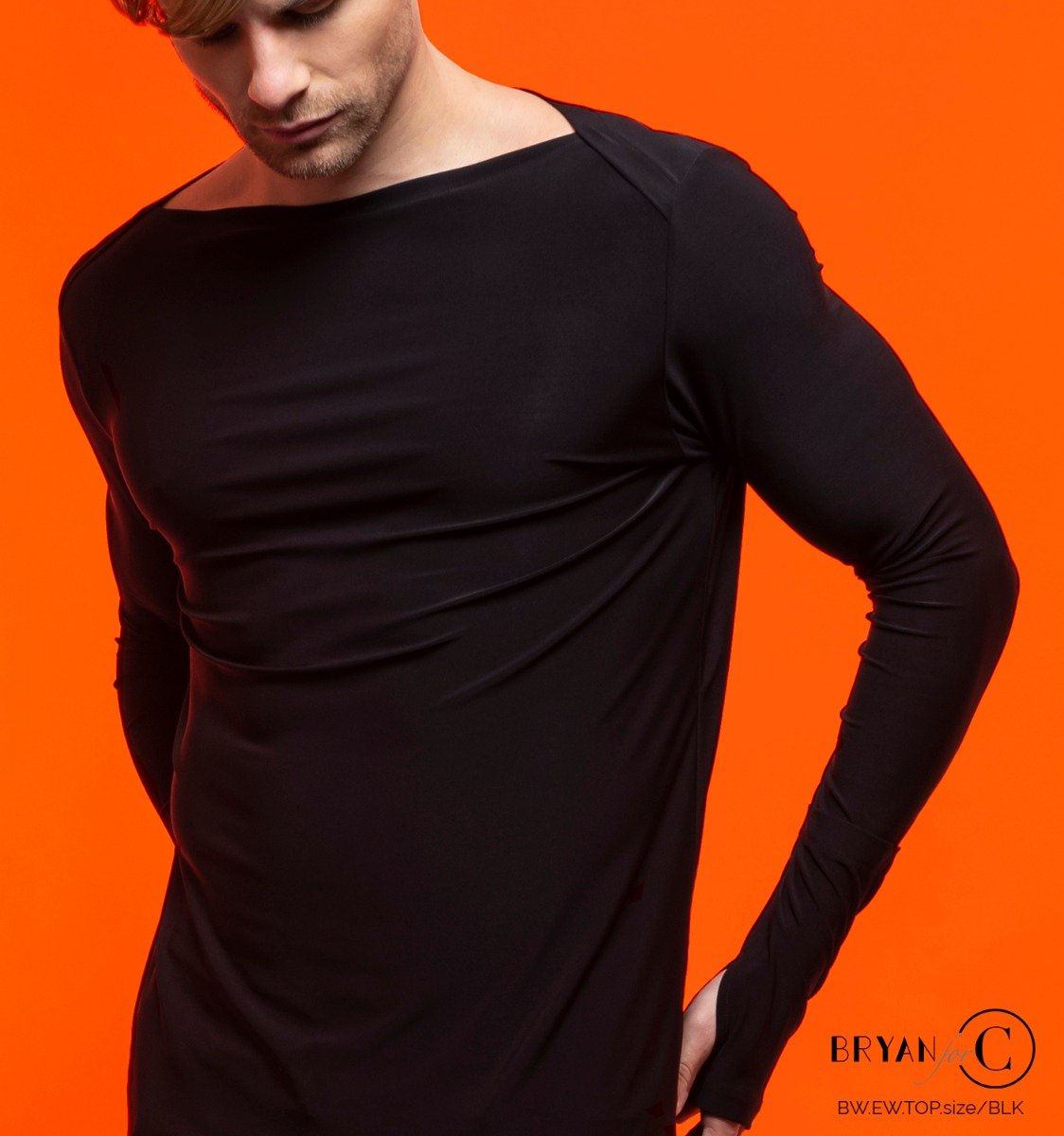 Ewan men's Latin top showing the wide neckline