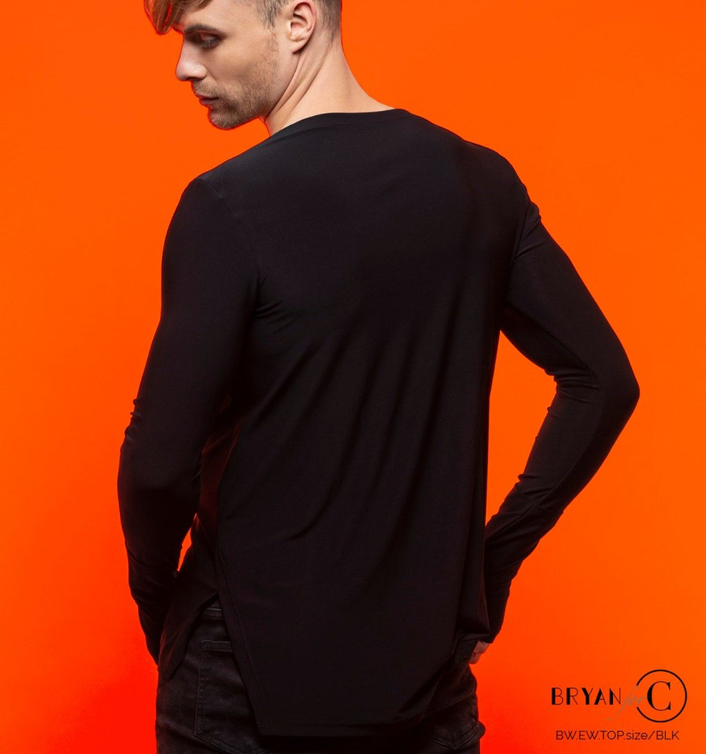 Ewan men's Latin top — side view with thumb hole sleeves