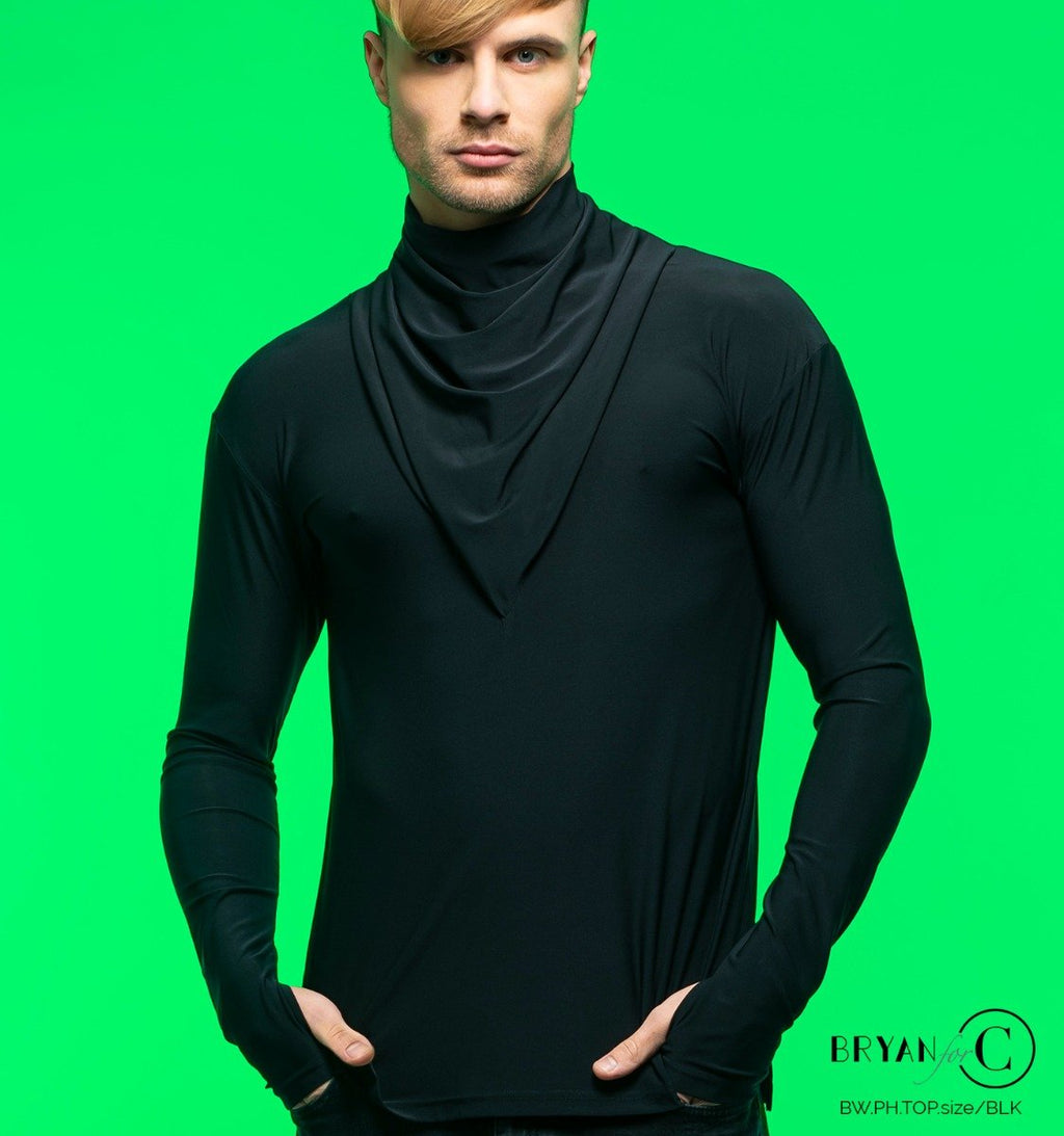Bryan for Chrisanne Clover Phoenix men's Latin top in black — ruched high neck