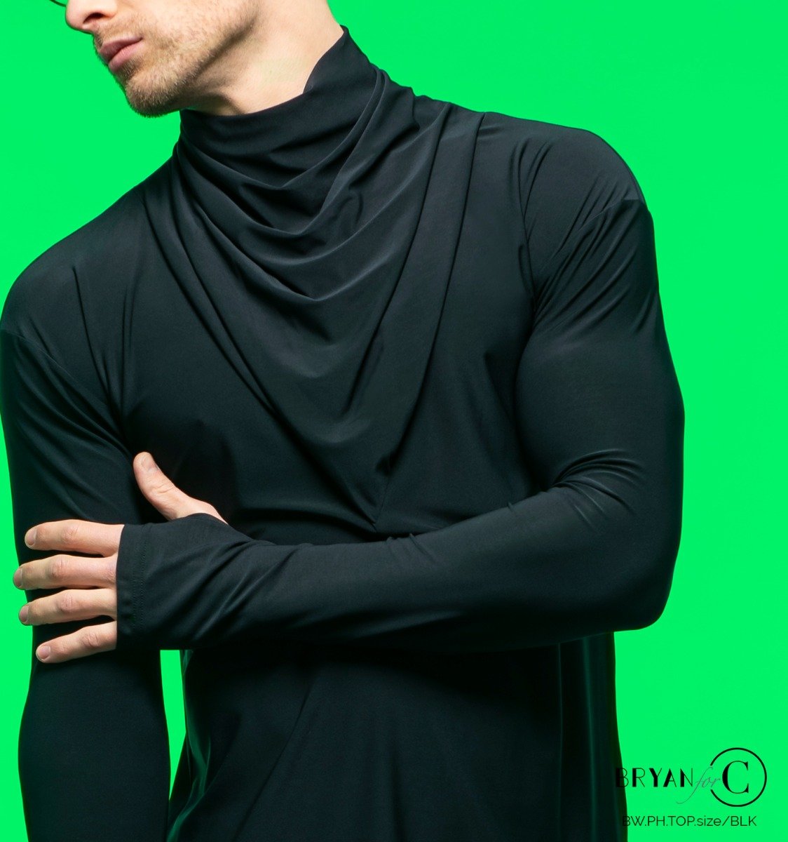 Close-up of the ruched high neck on the Phoenix men's Latin top