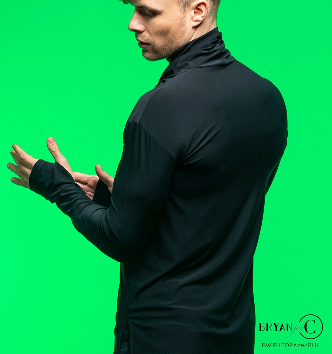 Phoenix men's Latin top showing the mitten cuff sleeves