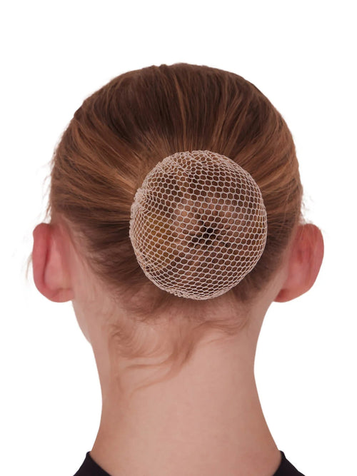 Close-up studio photography showcasing the rear view of a female dancer's neatly styled classical ballet bun, secured perfectly inside a brown Bunheads hair net bun cover.