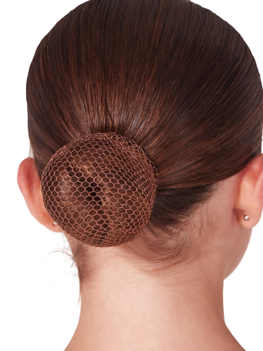 Close-up studio photography showcasing the rear view of a female dancer's neatly styled classical ballet bun, secured perfectly inside a brown Bunheads hair net bun cover.