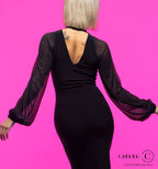 Close-up of the deep V back on the Audrey dress