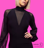 Close-up of the high neck and sheer V panel on the Audrey dress