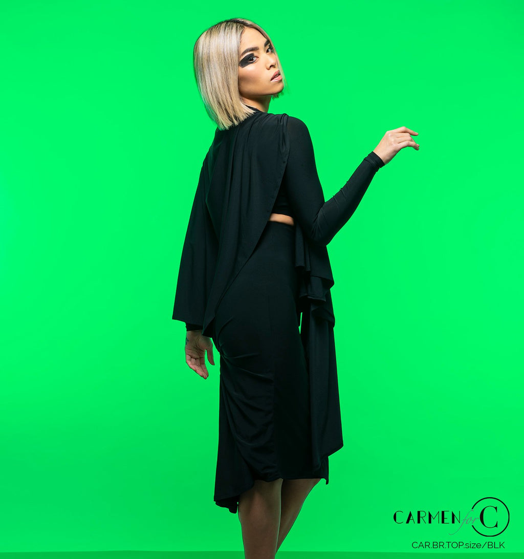 Brigitte top styled with a draped skirt, side view