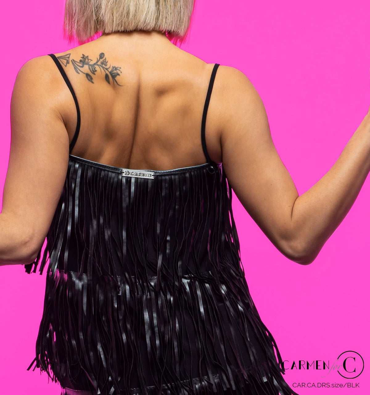 Close-up of the back of the Carmen fringe dress