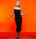 Carmen for Chrisanne Clover Marilyn ruched dress in black — full-length front view