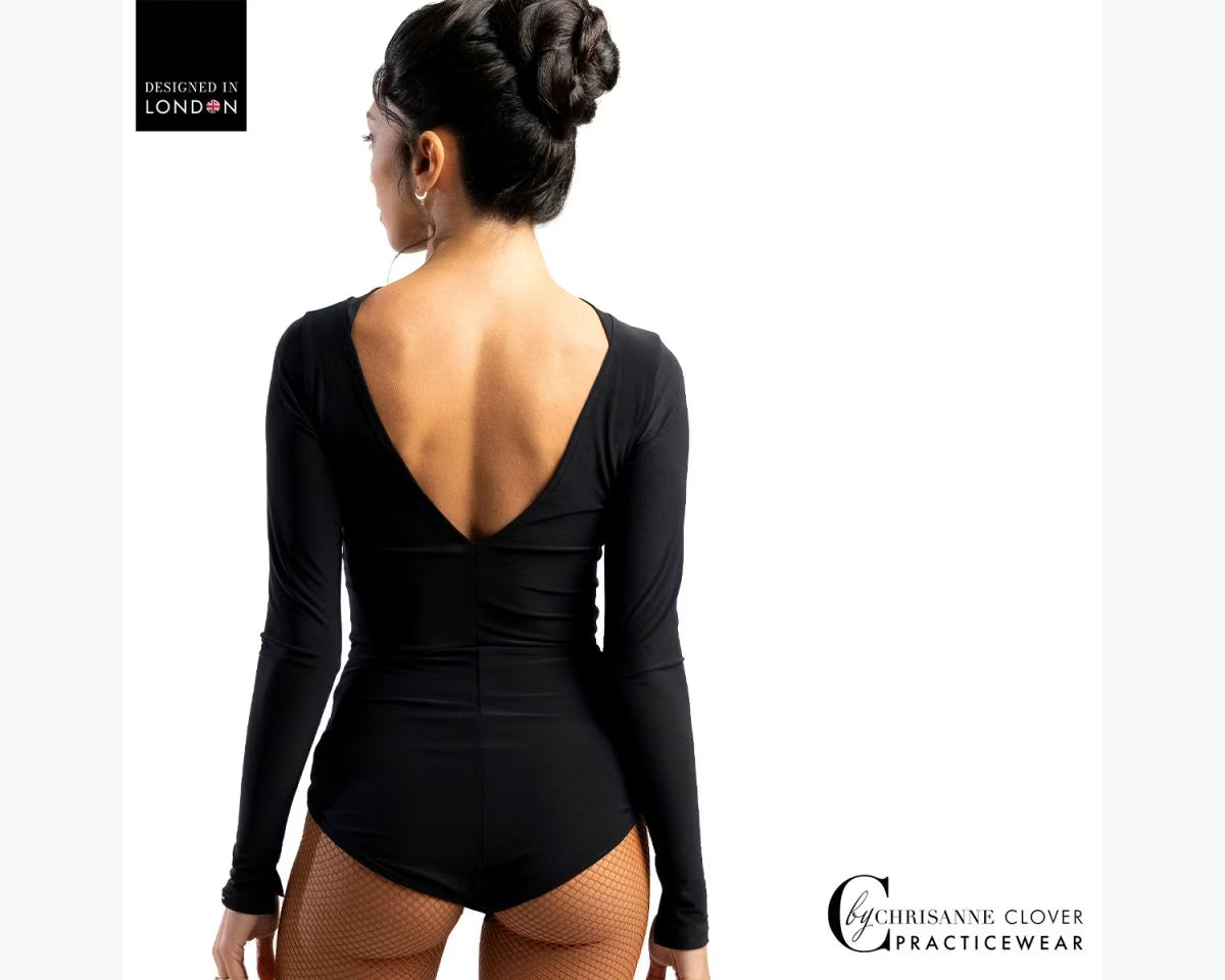 Rear view of Eris Dance Leotard showing the deep V-back design and luxury crepe material.